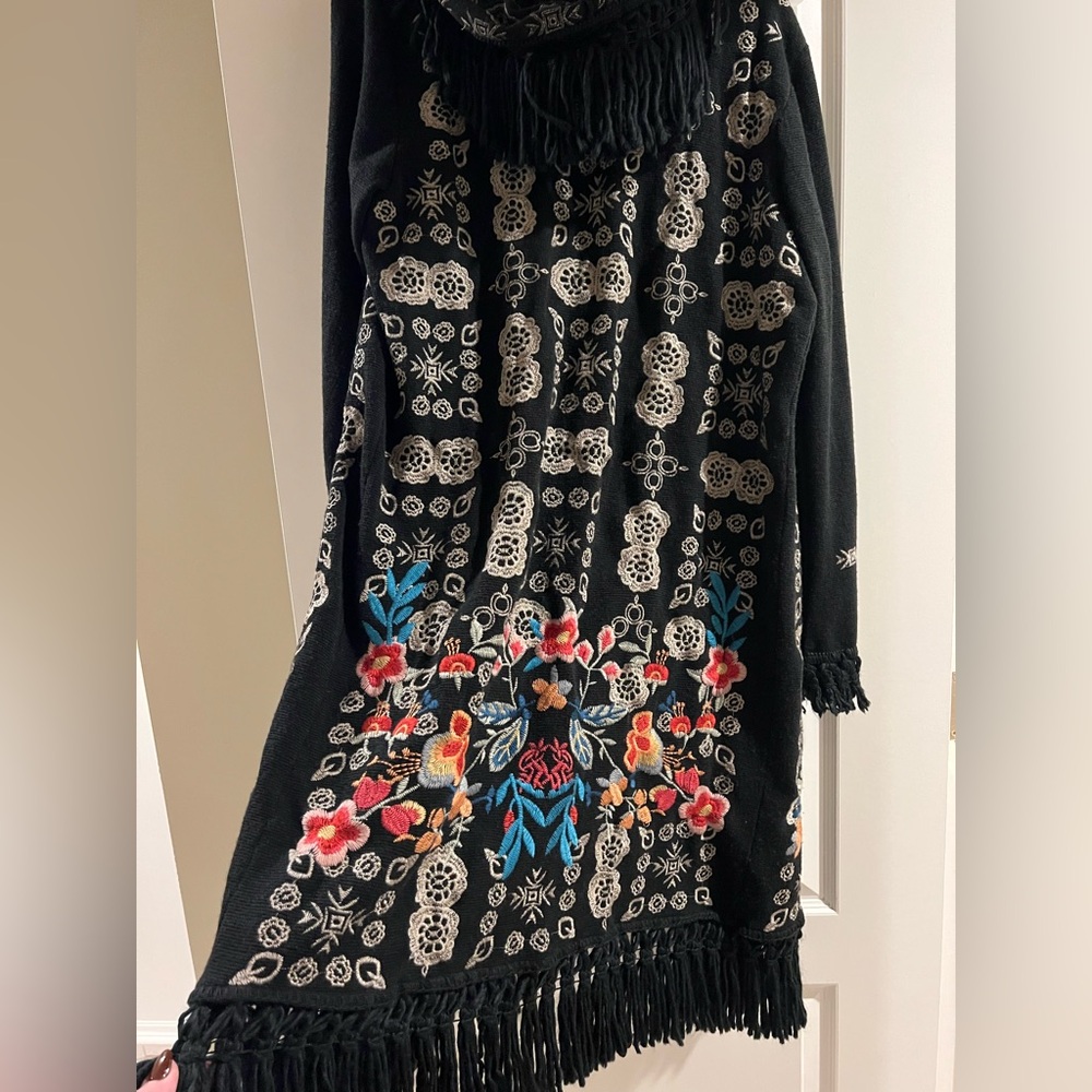 🔥Johnny Was Black Pfionah Biya fringe embroidered cardigan sweater-jacket, NWOT